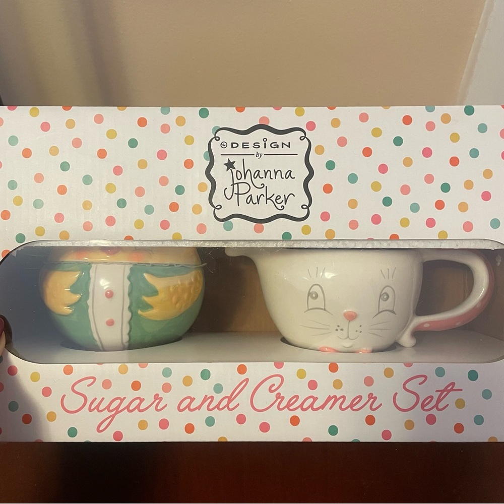 NIB JOHANNA PARKER EASTER CHICK SUGAR BOWL & BUNNY CREAMER SET Ceramic Spring